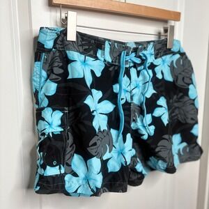 Raya Sun Board Shorts Mens XL Blue Black Tropical Floral Swim Trunks Resortwear